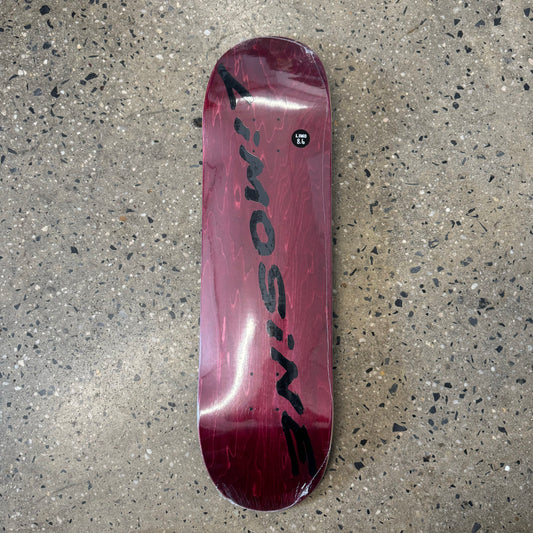 wood stained skateboard deck with limosine in black text across the center