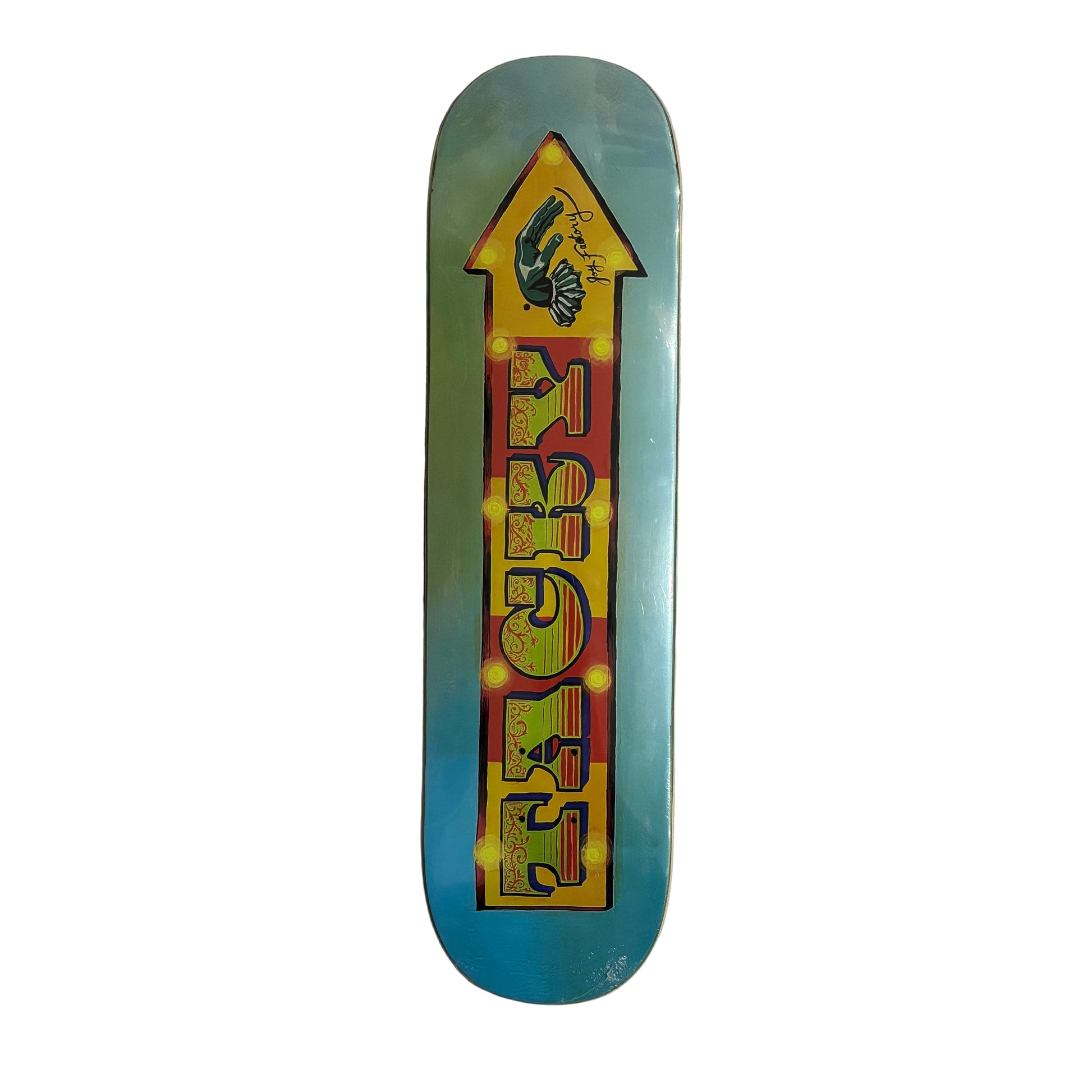 Skateboard deck with colorful design on a white surface