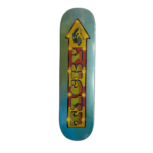 Skateboard deck with colorful design on a white surface