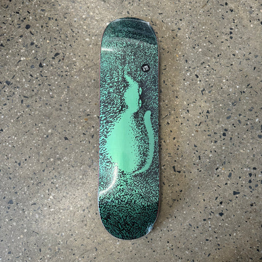 green metallic/black speckle skateboard deck with a cat on it