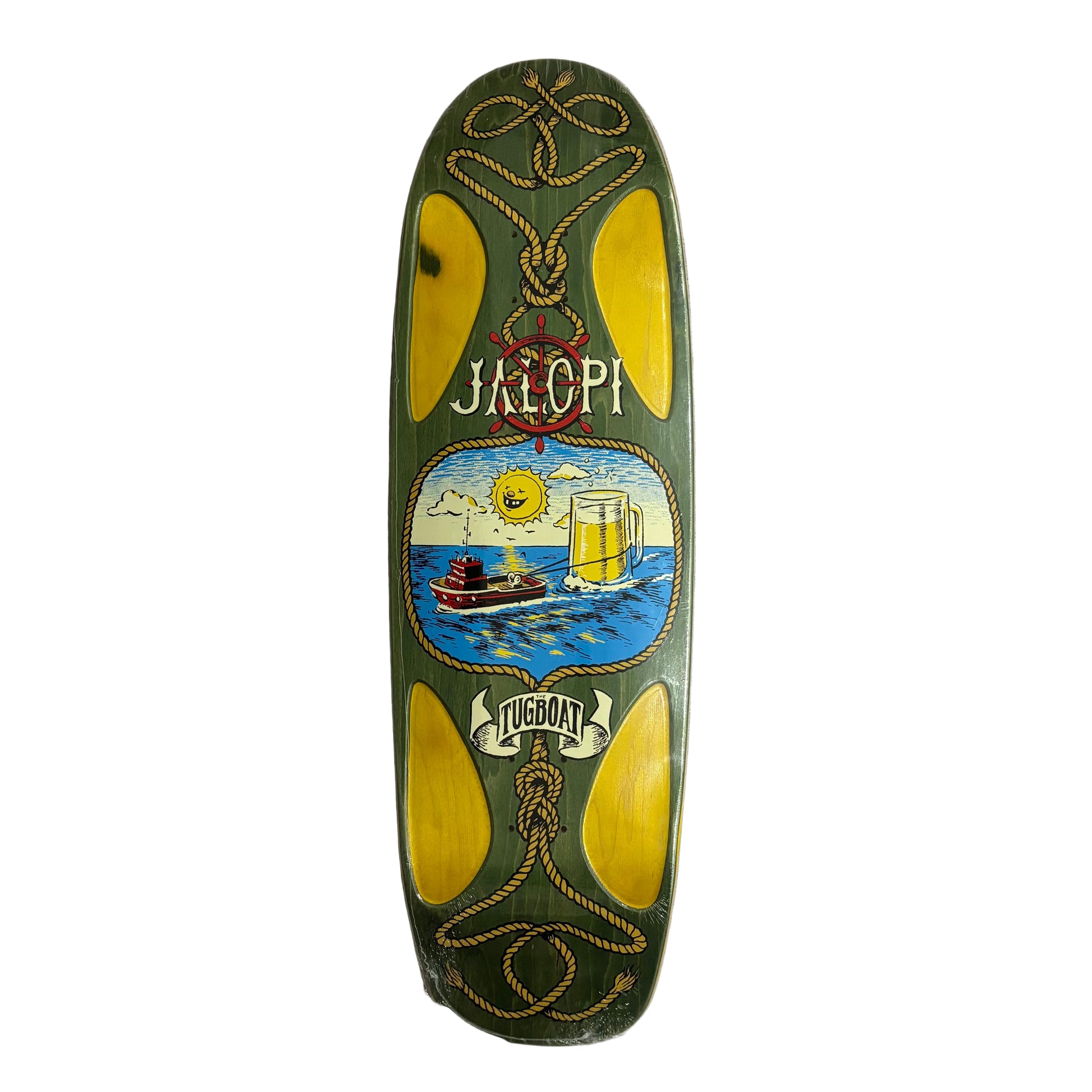 Decorative graphic on skateboard deck with 'Jalopi' branding, wheels wells,  on a white surface