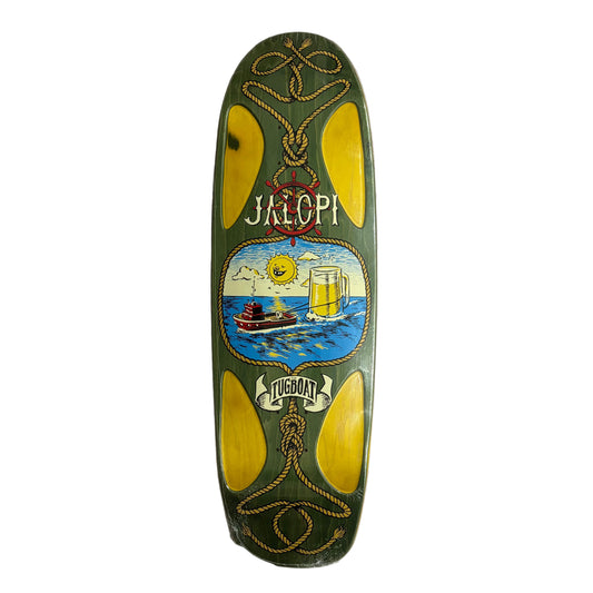 Decorative graphic on skateboard deck with 'Jalopi' branding, wheels wells,  on a white surface