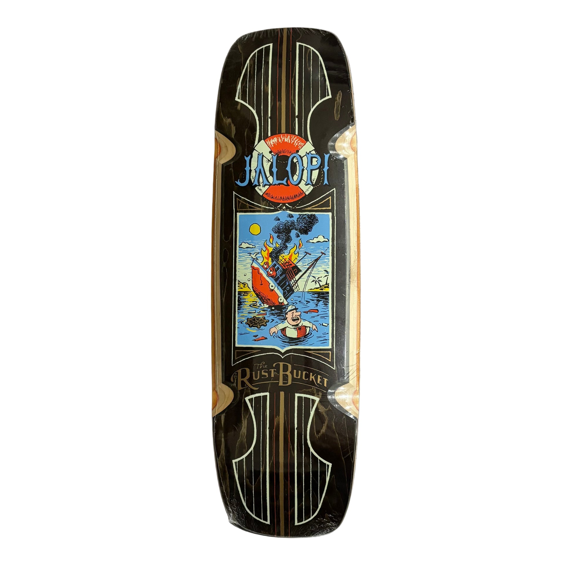  squared off Skateboard deck with wheels well, and an old style graphic design on a white surface