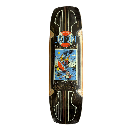  squared off Skateboard deck with wheels well, and an old style graphic design on a white surface