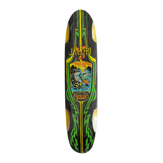 Skateboard mini longer cruiser deck with wheel wells, colorful design on a white surface