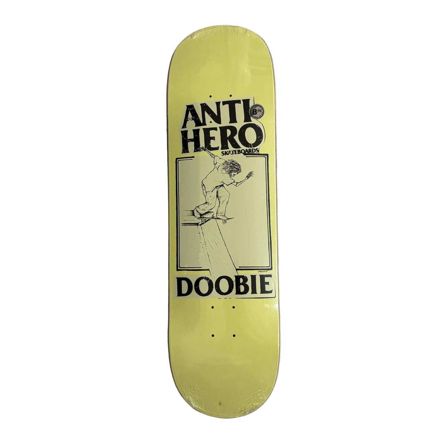 Skateboard deck with 'Anti Hero' and 'Doobie' graphics on a white surface.
