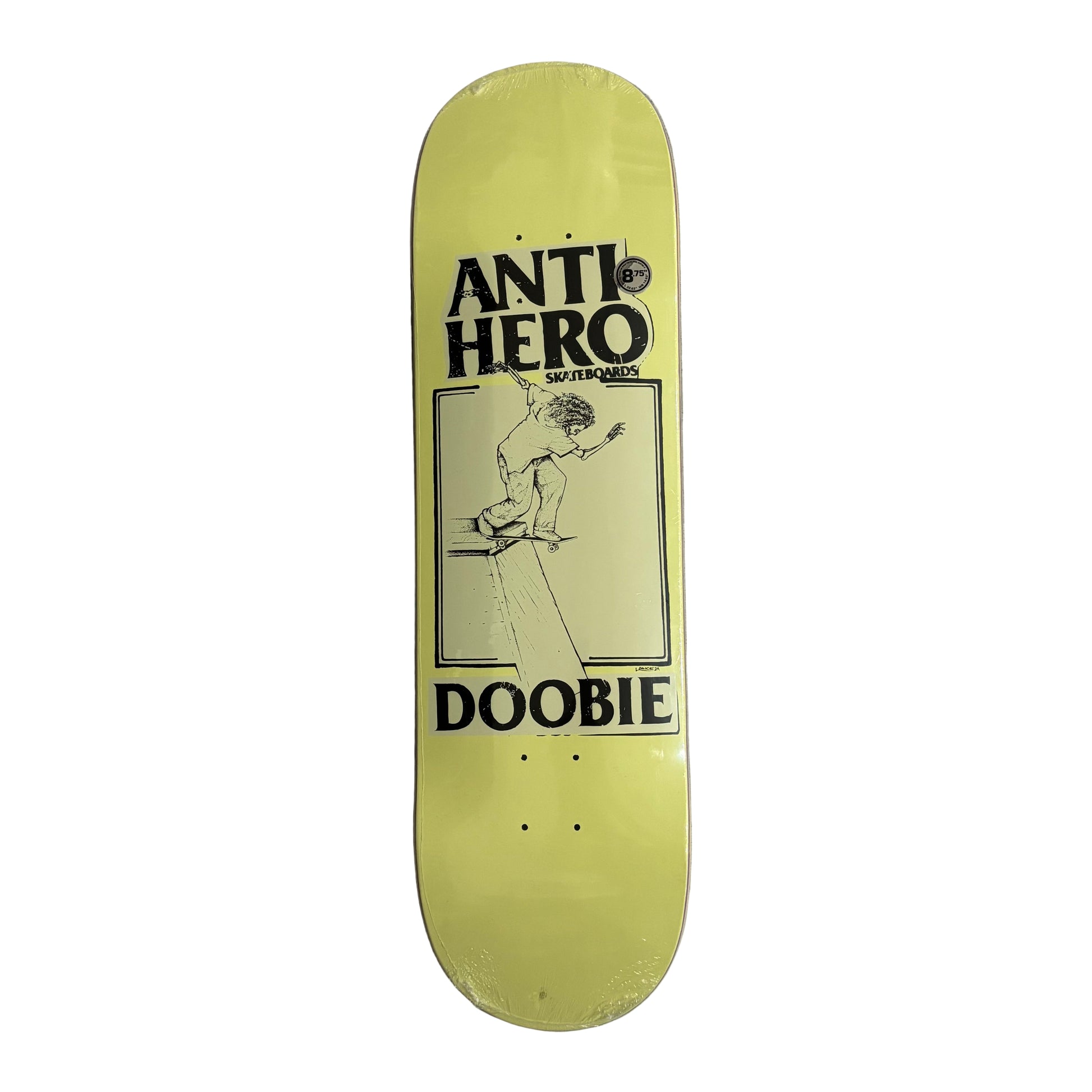 Skateboard deck with 'Anti Hero' and 'Doobie' graphics on a white surface.