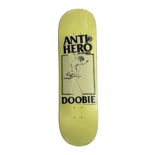 Skateboard deck with 'Anti Hero' and 'Doobie' graphics on a white surface.