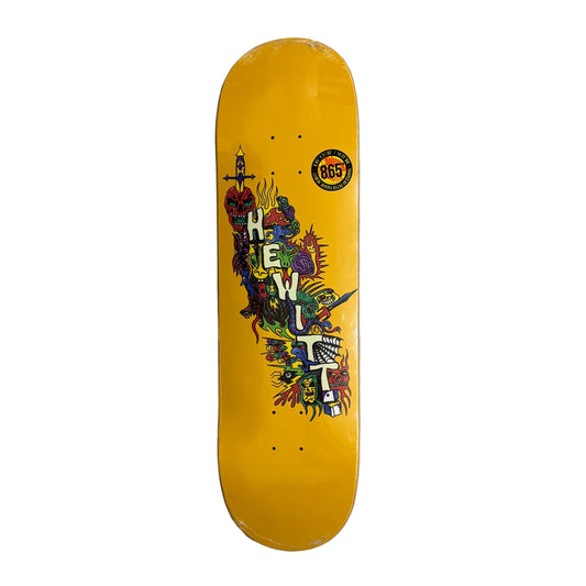 Skateboard deck with colorful graphics and text on a white surface