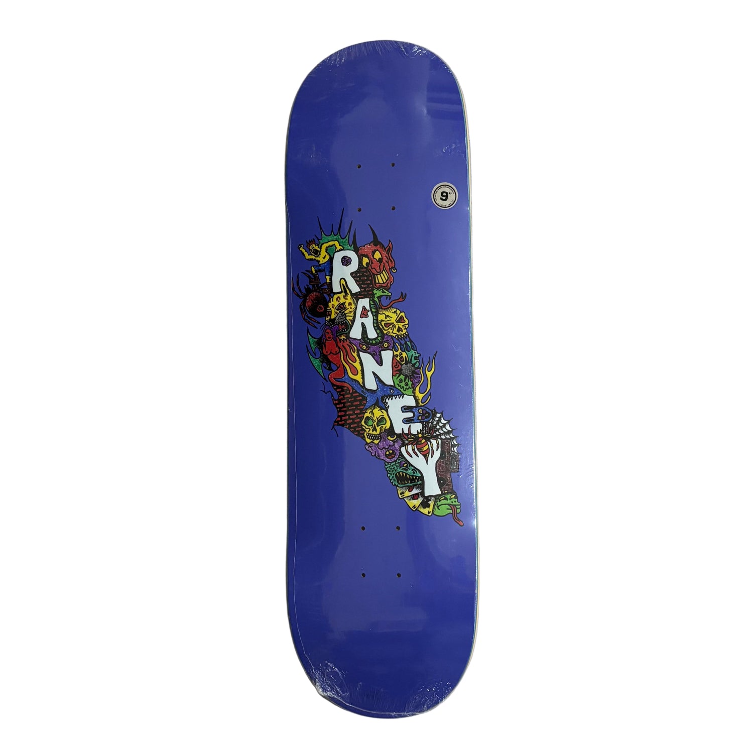 Blue skateboard deck with colorful graphics and 'RANEY' branding on a white surface.