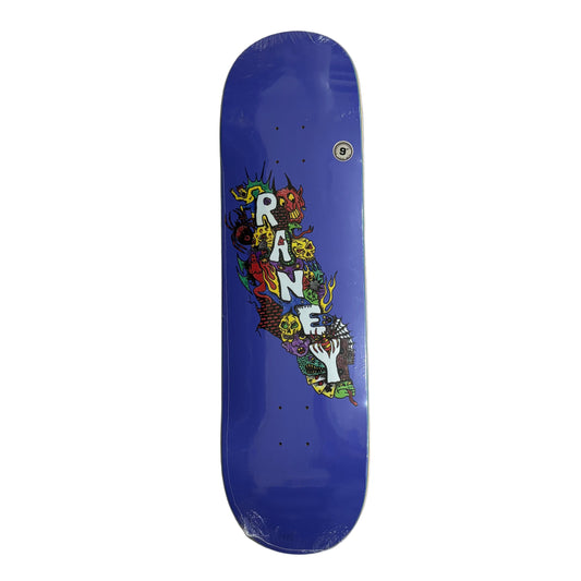 Blue skateboard deck with colorful graphics and 'RANEY' branding on a white surface.