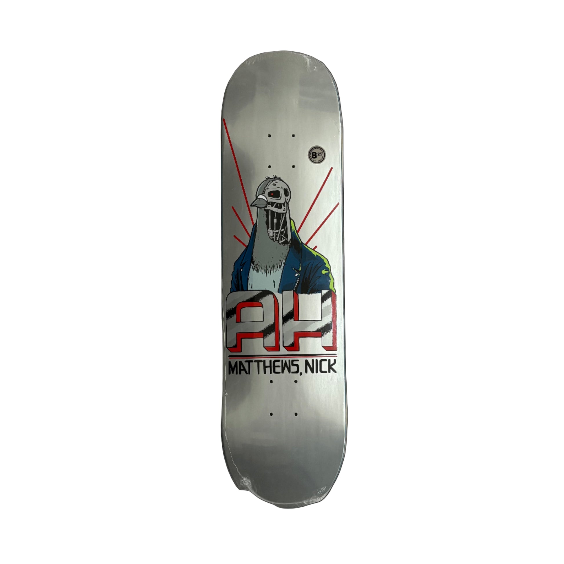 Skateboard deck with a graphic design on a white surface