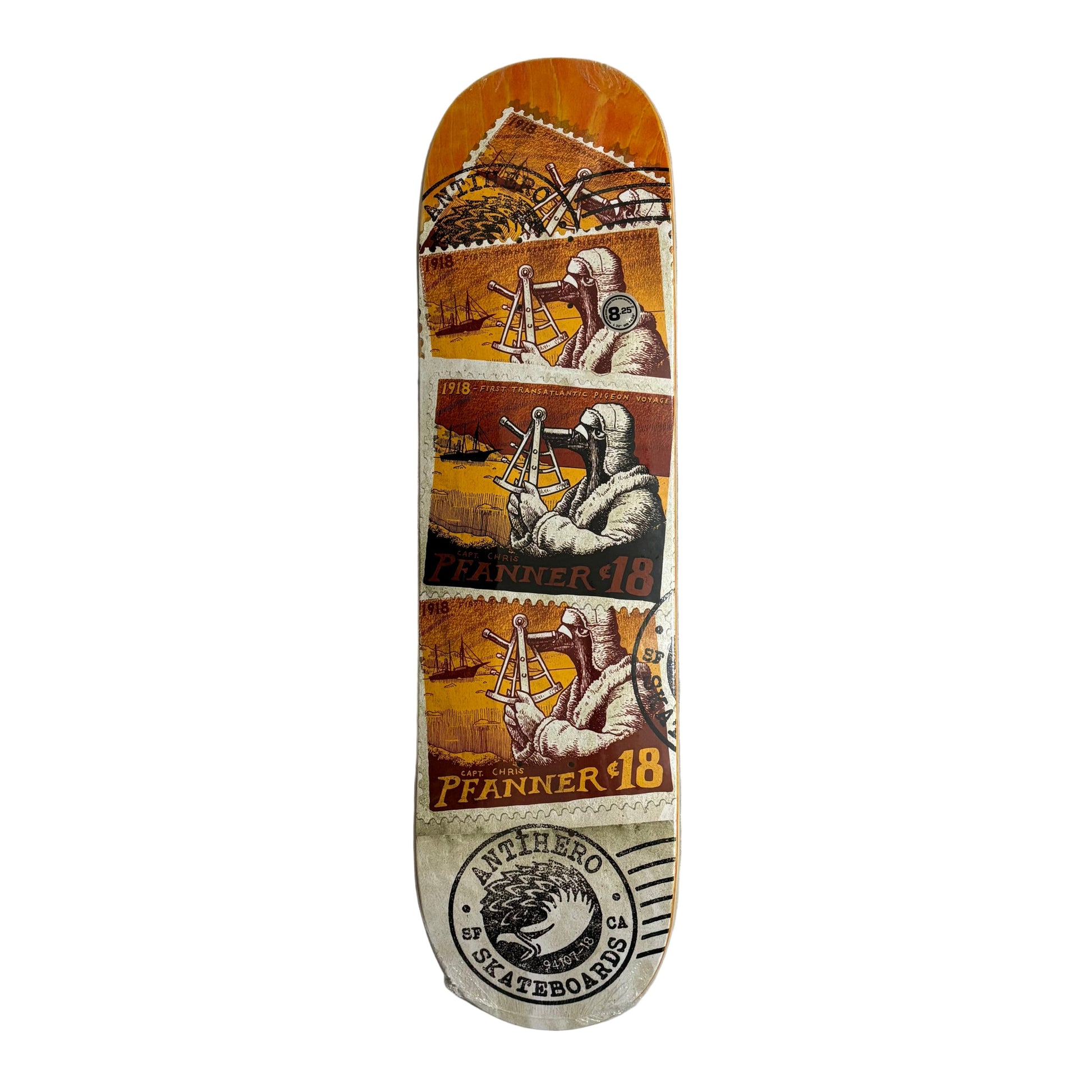 Skateboard deck with vintage-style graphics on a white surface