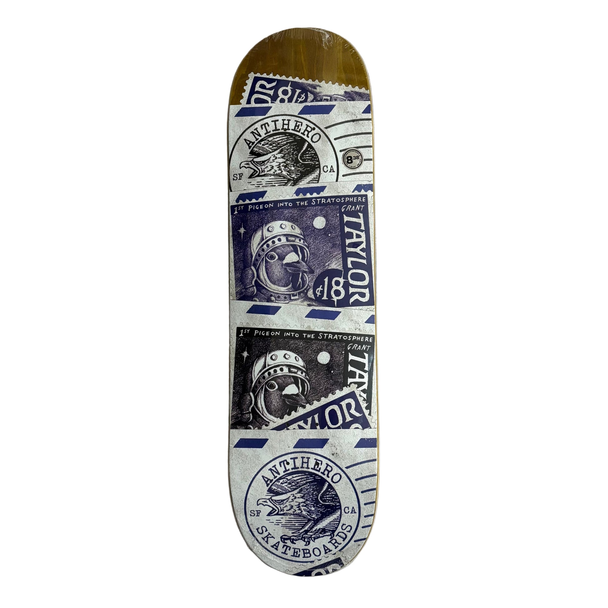 Skateboard deck with vintage-style graphics on a white surface