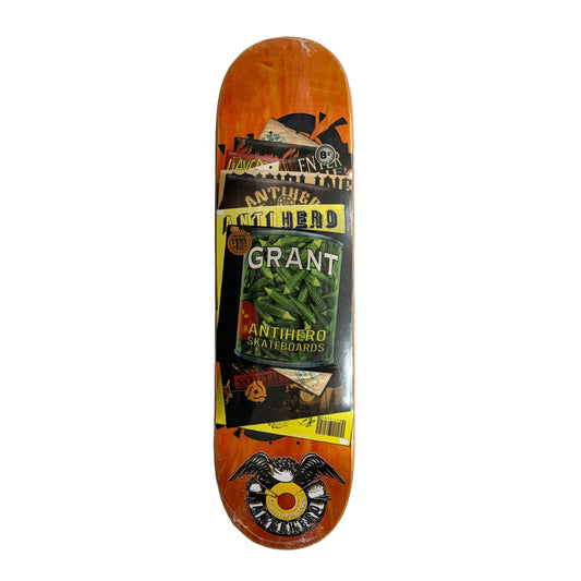 Skateboard deck with graphics and text on a white surface