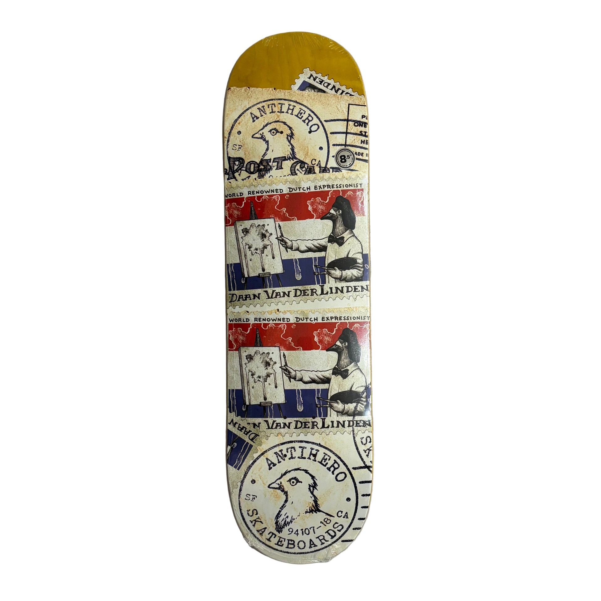 Skateboard deck with vintage-style graphics and text on a white surface