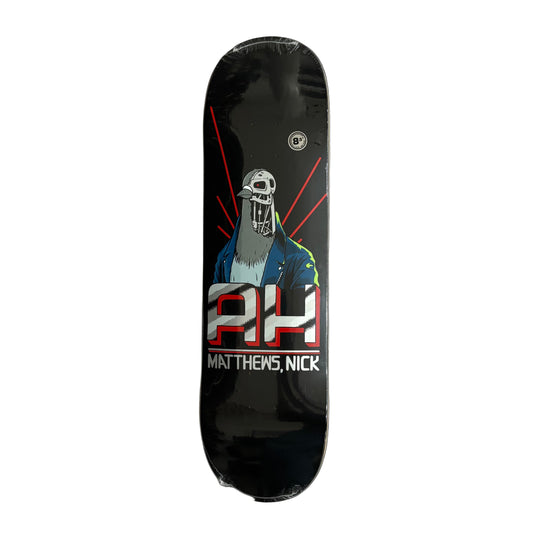 Skateboard deck with a graphic design on a white surface