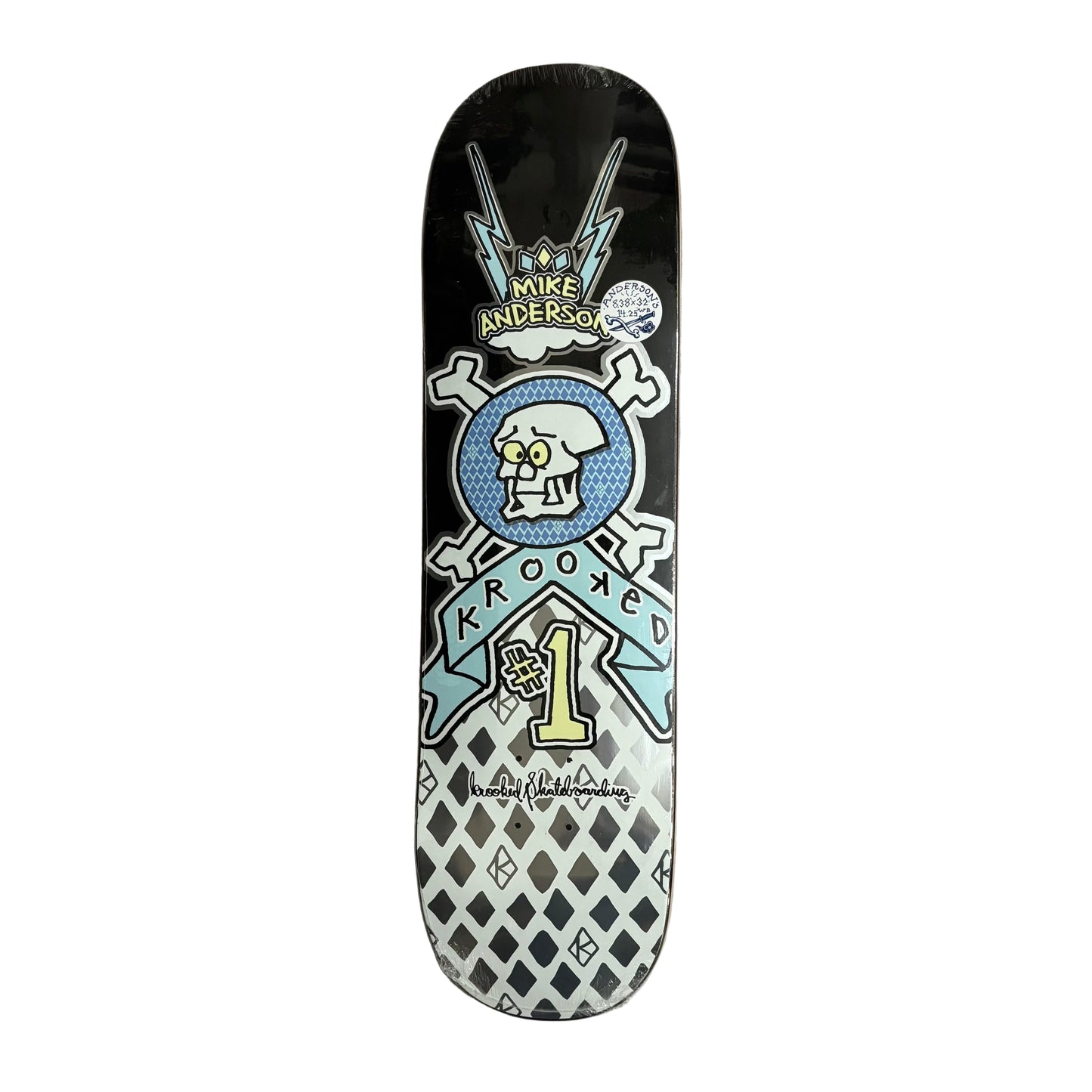 Skateboard deck with decorative design on a white surface
