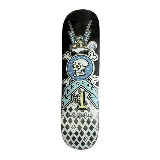 Skateboard deck with decorative design on a white surface