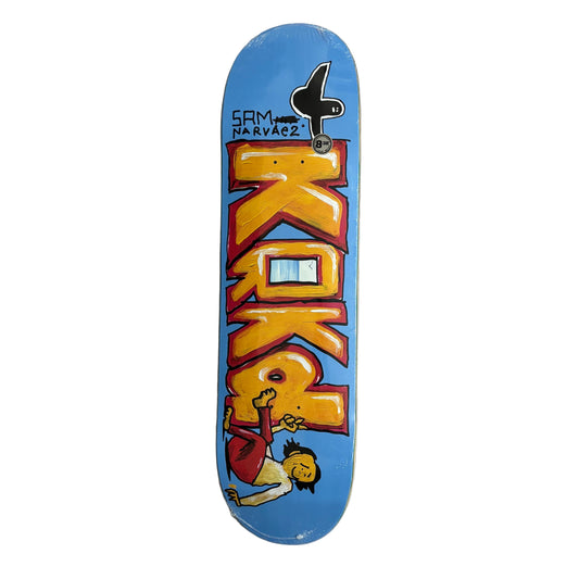 Skateboard deck with colorful graphics and text on a white surface