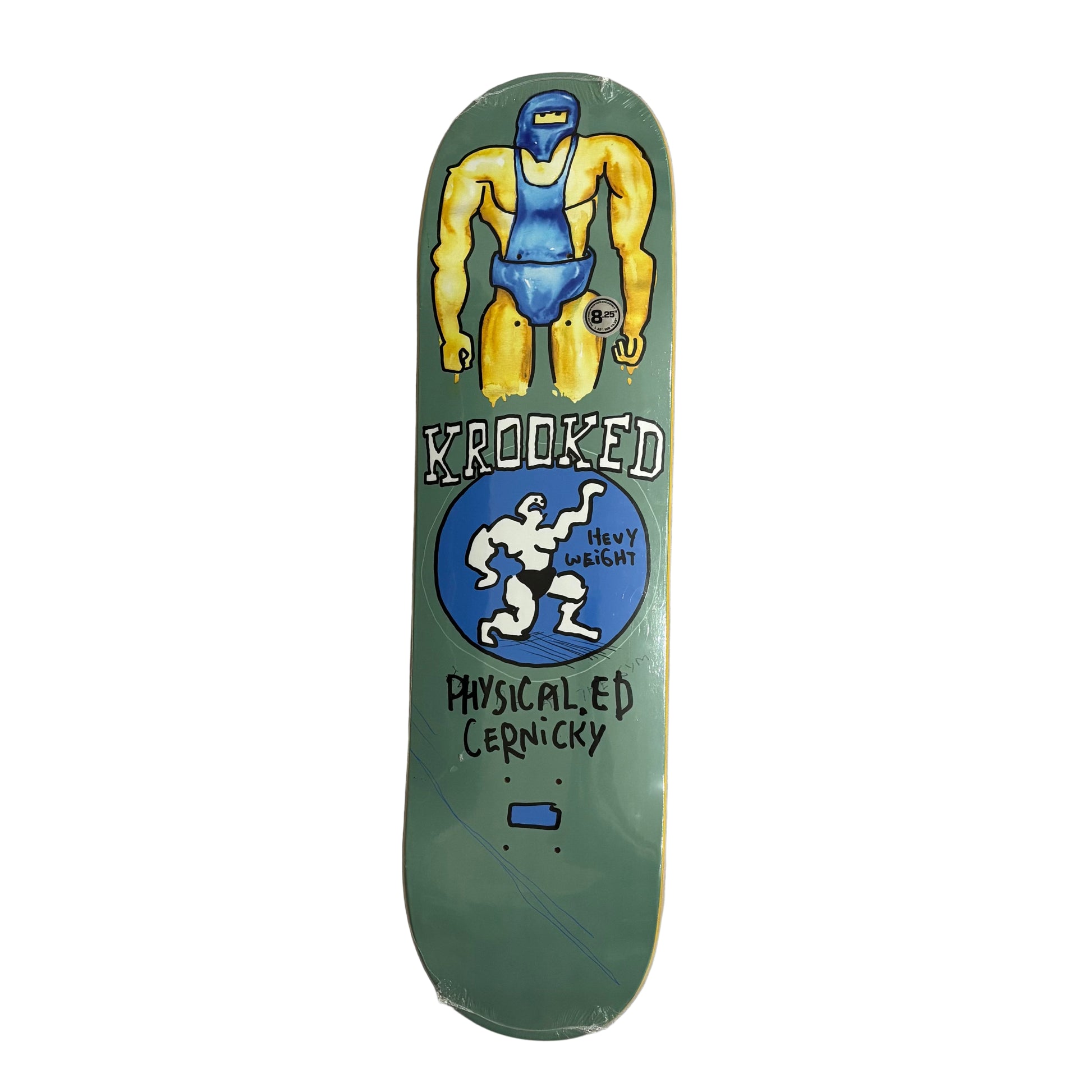 Skateboard deck with a graphic design on a white surface