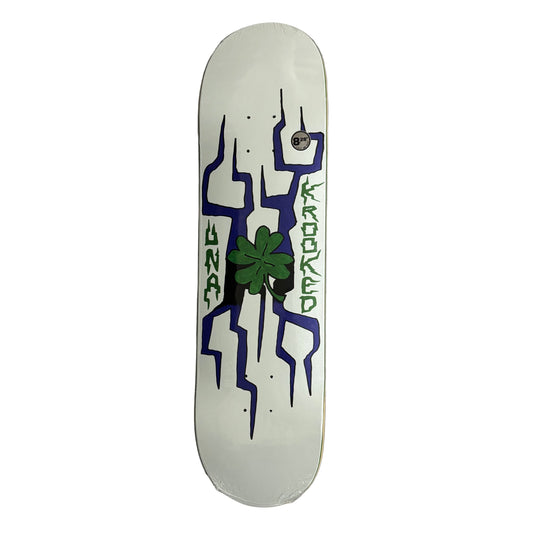 Skateboard deck with artistic design on a white surface