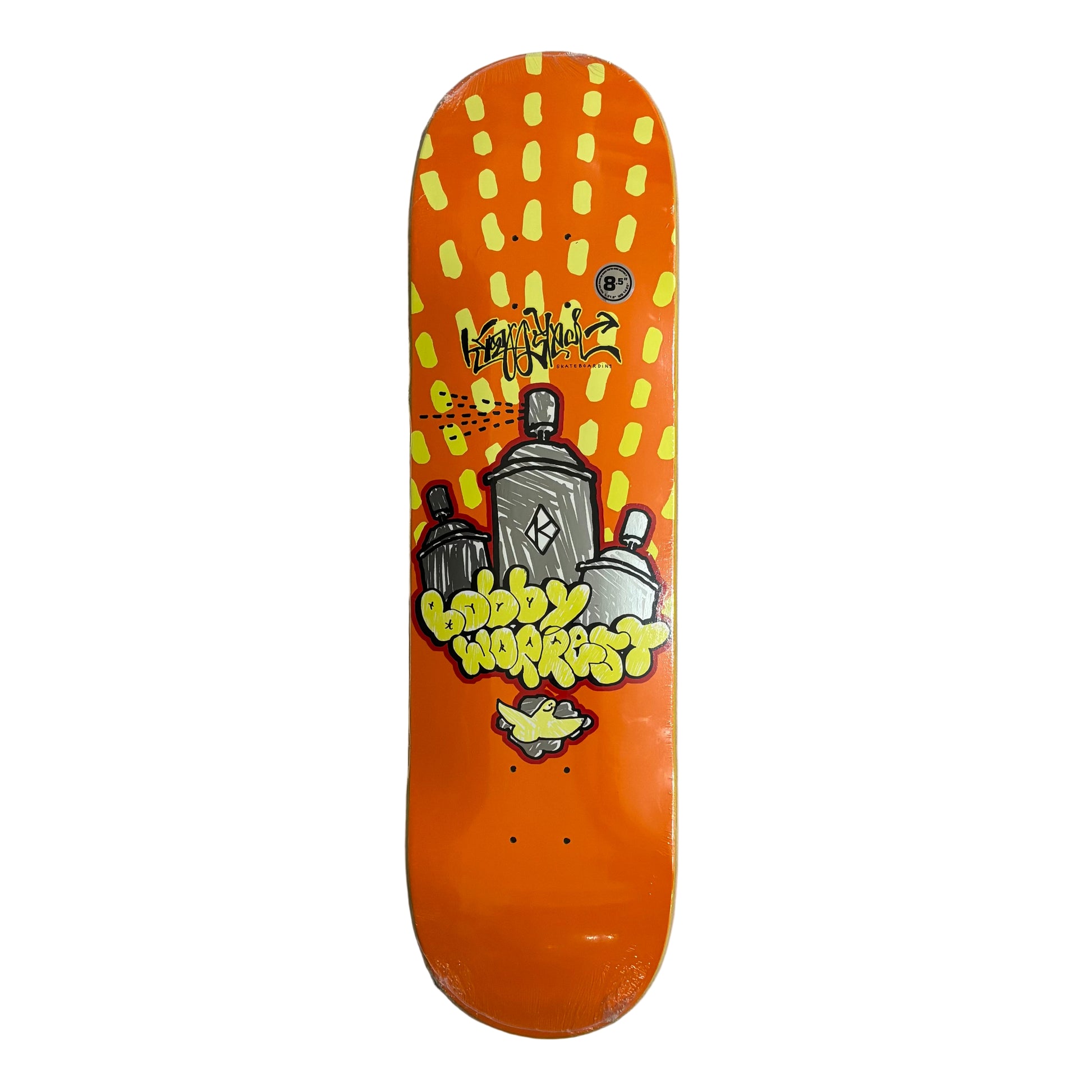 Skateboard deck with colorful design on a white surface