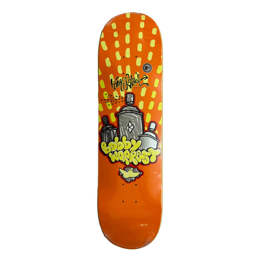 Skateboard deck with colorful design on a white surface