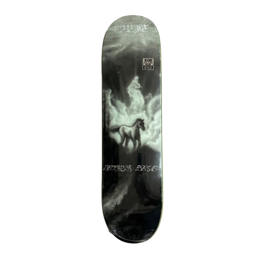 Skateboard deck with a black and white design on a white surface