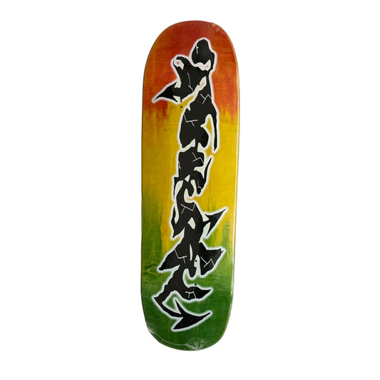 Skateboard deck with black graphics with a colorful gradient on a white background