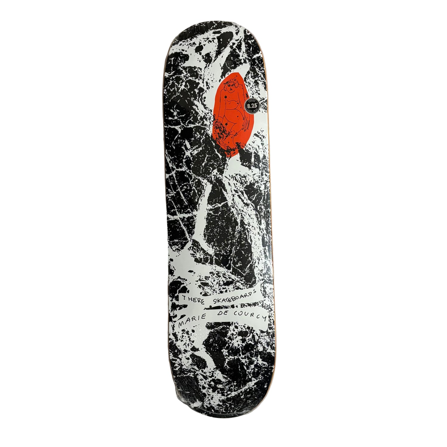 Skateboard deck with black and white design on a white surface