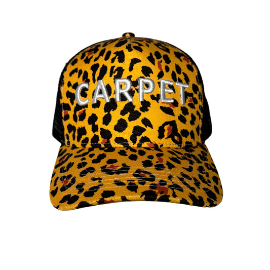 Leopard print cap with 'CARPET' text on a white background