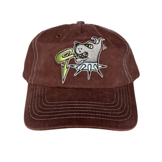 Brown cap with embroidered dog logo on a white background