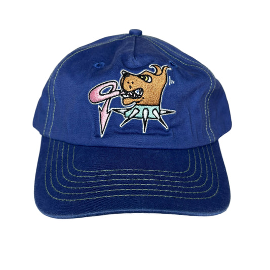 Blue cap with a dog graphic on a white background