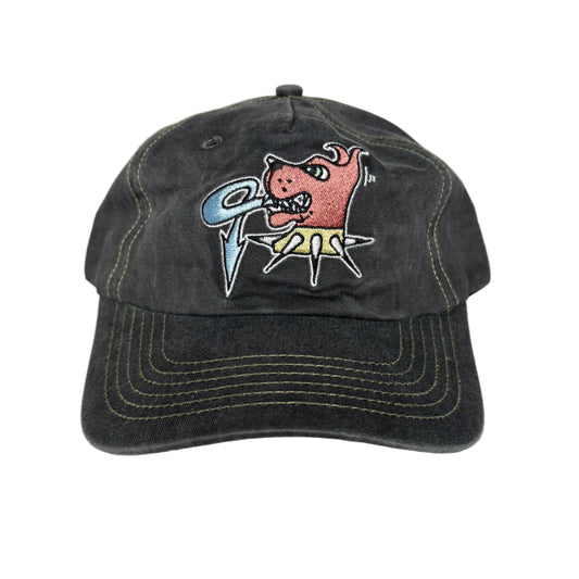 Black cap with a colorful dog logo on a white background