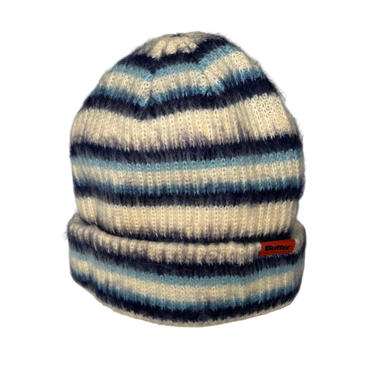 white and blue Striped knit beanie with 'Butter' logo on a white background