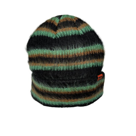 Striped beanie with black, green, and brown colors on a white background