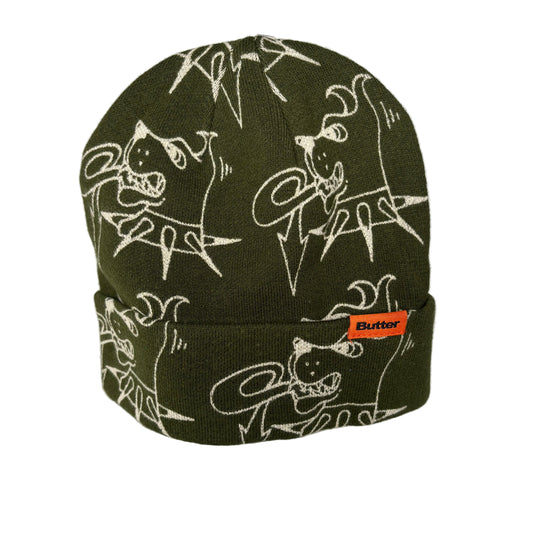 fatigue green cuff beanie with a dog print repeated on beanie