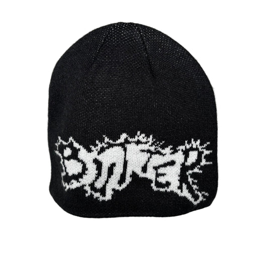 Black beanie with white text on a white background