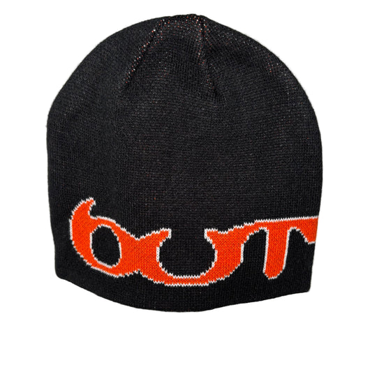 Black beanie with orange and white design on a white background