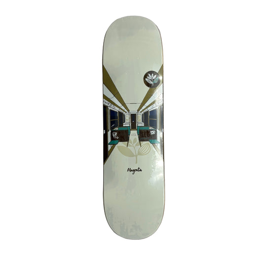 Skateboard deck with a geometric design on a white surface