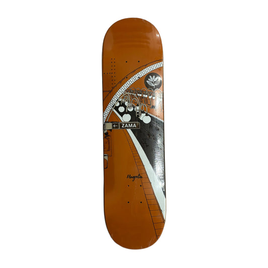 Skateboard deck with a design on a white surface