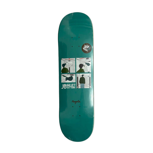 Teal skateboard deck with graphic design on a white surface