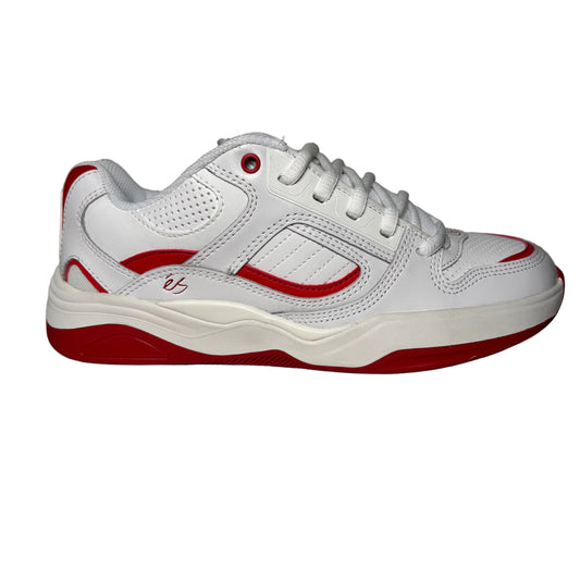 White and red sneaker on a white surface 