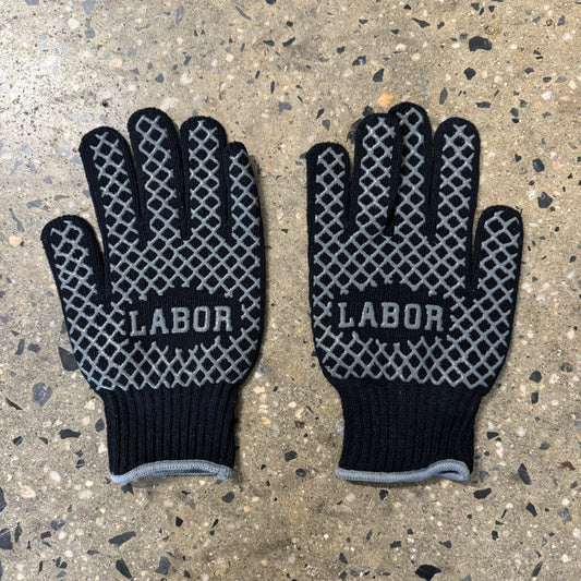 Black knit gloves with grey fence grip and labor logo