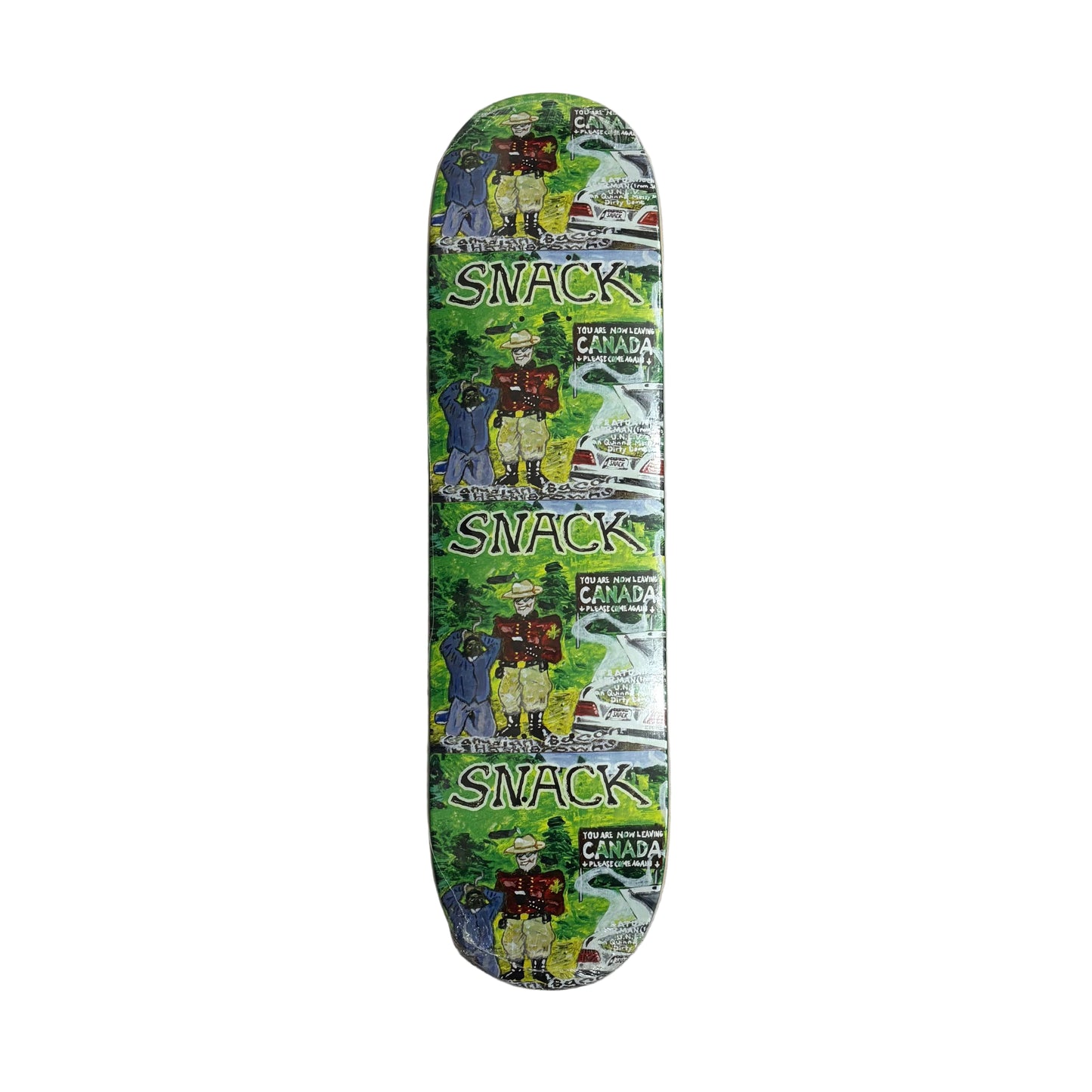 Skateboard deck with colorful graphics on a white surface