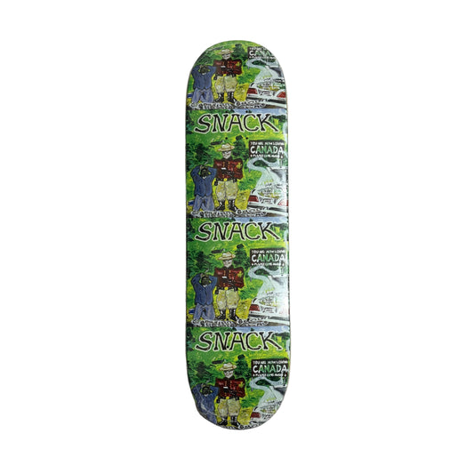 Skateboard deck with colorful graphics on a white surface