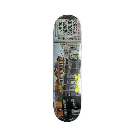 Skateboard deck with colorful graphic design on a white surface
