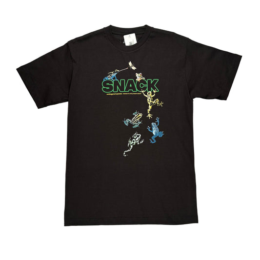 Black t-shirt with colorful graphic design on a white surface
