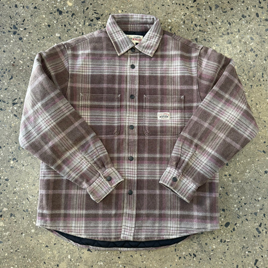 Front view of stussy washed quilted brown flannel shirt/jacket